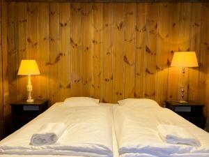 a bedroom with two beds with two lamps on both sides at Flåm holiday home - mountain view - 1 km from Flåm in Flåm