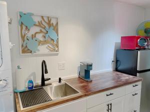 um balcão de cozinha com um lavatório e um frigorífico em Cabana Tropical - Garden Studio with Private Hot Tub em St Pete Beach