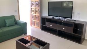 uma sala de estar com televisão e um sofá verde em Sítio São Luiz, R2: Refúgio rústico na Natureza em Quadra