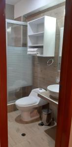 y baño con aseo y lavamanos. en HOTEL SUDAMERICANA INN en Tacna