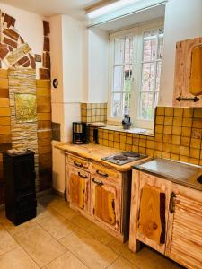 a kitchen with wooden cabinets and a stove in it at Neckarblick,Natur, Altstadt in Hirschhorn