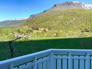 a view of a green field with a mountain at Flåm holiday home - mountain view - 1 km from Flåm in Flåm