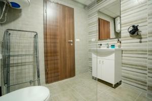 a bathroom with a toilet and a sink and a shower at Darki Apartments 2 - Very Central Stay With Free Parking in Ohrid