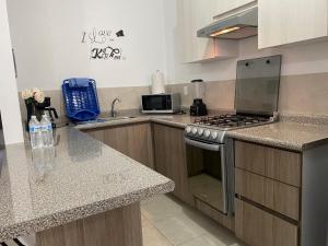 uma cozinha com um lavatório e um fogão forno superior em Departamento Los Héroes Veracruz em Veracruz