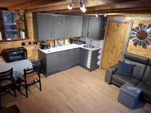 a kitchen and living room with a couch and a table at Cosy Cornish Cabin in St Austell