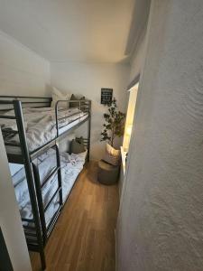 a small room with a bunk bed and a hallway at Swedish Costal Forest Hideaway in Yngsjö