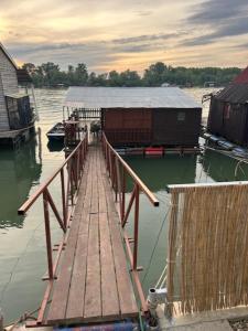 eine Anlegestelle mit einem Haus und einem Boot auf dem Wasser in der Unterkunft Splav na dan Royal Water in Belgrad