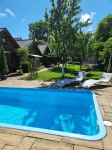 una piscina en un patio con un árbol en Domki w sadzie Stegna en Stegna