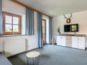 ein Wohnzimmer mit einem TV, einem Sofa und einem Tisch in der Unterkunft Seppen Top 2 in Reith im Alpbachtal