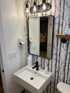 a bathroom with a sink and a mirror at Happy Bear Motel in Killington