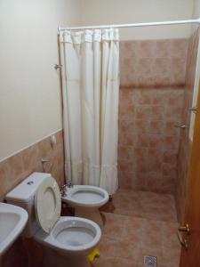 a bathroom with a toilet and a sink and a shower at Cabaña Guerrero in Tilcara +4 photos