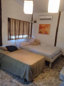 dwa łóżka w pokoju z oknem w obiekcie casa de huéspedes selvatica w mieście Utila