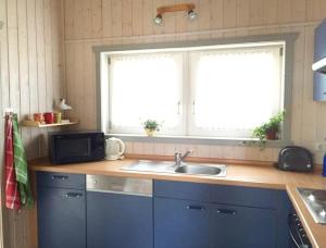 a kitchen with a sink and two windows at Seeschwalbe 11 in Mirow