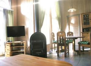- un salon avec une cheminée et une table avec des chaises dans l'établissement Seeschwalbe 99, à Mirow
