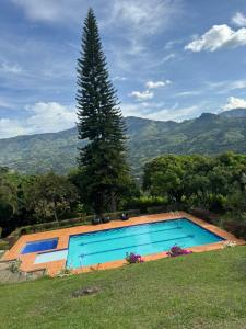 a swimming pool with a tree and mountains in the background at FINCA VILLA LORA GIRARDOTA in Girardota