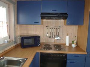 eine Küche mit blauen Schränken, einem Herd und einer Mikrowelle in der Unterkunft Seeschwalbe 198 in Mirow