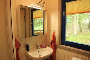 a bathroom with a sink and a mirror and a window at Bootshaus 600 in Mirow +13 photos