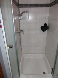 uma casa de banho com um chuveiro e uma banheira branca em Wildgans 114 em Mirow