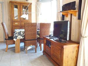 a living room with a television on a wooden cabinet at Wildgans 128 in Mirow