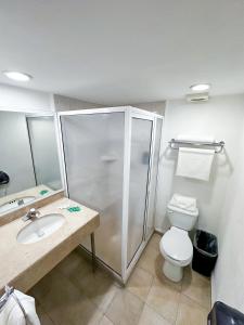 a bathroom with a shower and a toilet and a sink at Hotel Nueva Zelanda in León
