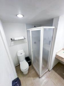 a bathroom with a shower and a toilet at Hotel Nueva Zelanda in León