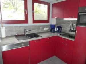 a kitchen with red cabinets and a sink and two windows at Wildgans 42 in Mirow