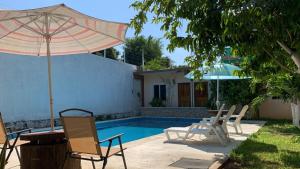 un patio con sillas, una sombrilla y una piscina en Casa Terracota en Bacalar