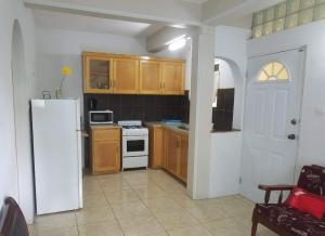 eine Küche mit einem weißen Kühlschrank und Holzschränken in der Unterkunft Corosol Apartments in Roseau
