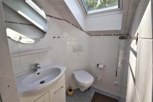 a bathroom with a sink and a toilet and a window at Wildgans 267 in Mirow +5 photos