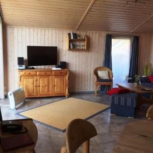 a living room with a flat screen tv on a wooden wall at Haubentaucher 80 in Rechlin