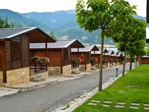 una fila de cabañas de madera con montañas en el fondo en Camping Valle de Tena, en Sabiñánigo