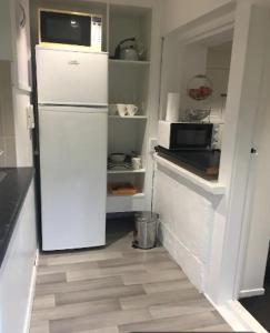 La cuisine est équipée d'un réfrigérateur blanc et d'un four micro-ondes. dans l'établissement Kingsland Studio - Walk to Eden Park!, à Auckland