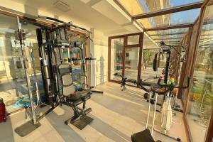 a gym with several tread machines in a room at Snagov Lake Apartments - Club Lac Snagov in Turbaţi