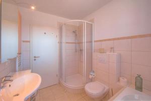 a bathroom with a shower and a toilet and a sink at Mitteldeck 523 in Rechlin