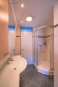 a bathroom with a shower and a sink at Seeadler 205 in Rechlin