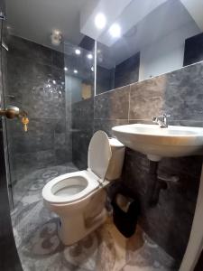 a bathroom with a toilet and a sink at Hotel boutique San Pablo in Medellín