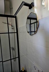 ein Bad mit einem Spiegel und einer Dusche in der Unterkunft Lāsītes in Lielvārde