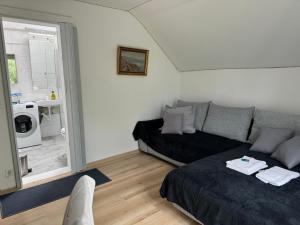 a living room with a couch and a window at 2 chambres adjacentes dans villa avec jardin de pins in Commugny