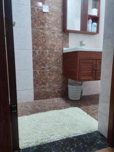 een badkamer met een douche, een wastafel en een tapijt bij Kilimani homes Paradise 2 bedroom in Nairobi