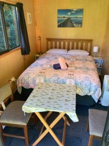 a bedroom with a bed with a table and chairs at Kiwi cabin with geothermal pool by lake Taupo in Turangi