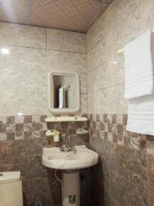 een badkamer met een wastafel, een spiegel en een toilet bij Islamabad Premium Hotel in Islamabad