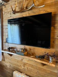 a large flat screen tv on a wooden wall at Chalet A Baisoara - Cabana A-Frame la munte in Băişoara