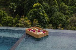 a basket of food on the edge of a swimming pool at Munduk Kupang Sekumpul Villa in Singaraja