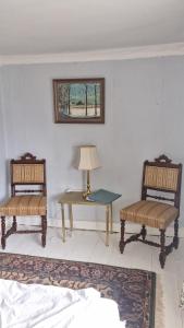 Hammarland的住宿－Paradiset，两把椅子和一张桌子,在房间里放着一盏灯
