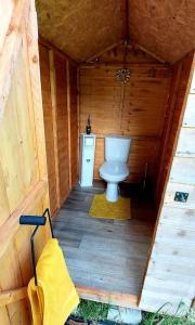 a bathroom with a toilet in a wooden cabin at Reggies Hideaway a secluded off grid Shepherds hut in Saint Hilary