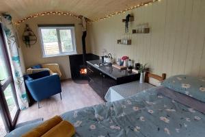 a bedroom with a bed and a desk in it at Reggies Hideaway a secluded off grid Shepherds hut in Saint Hilary