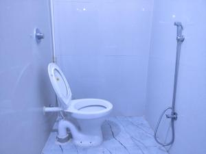 a white toilet in a bathroom with a shower at Hotel Ambika in Deoghar