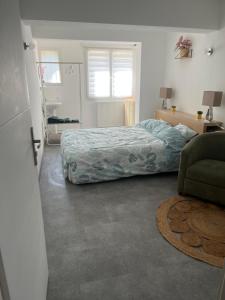 1 dormitorio con 1 cama y 1 silla en Le Barnave, en Valence