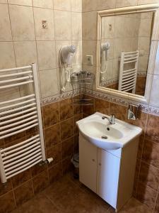 La salle de bains est pourvue d'un lavabo et d'un miroir. dans l'établissement Vila Limba, à Nový Smokovec