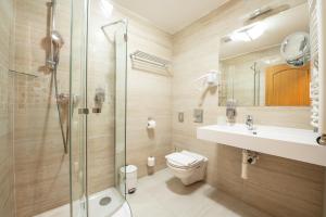 een badkamer met een douche, een toilet en een wastafel bij Hotel Belcredi in Brno